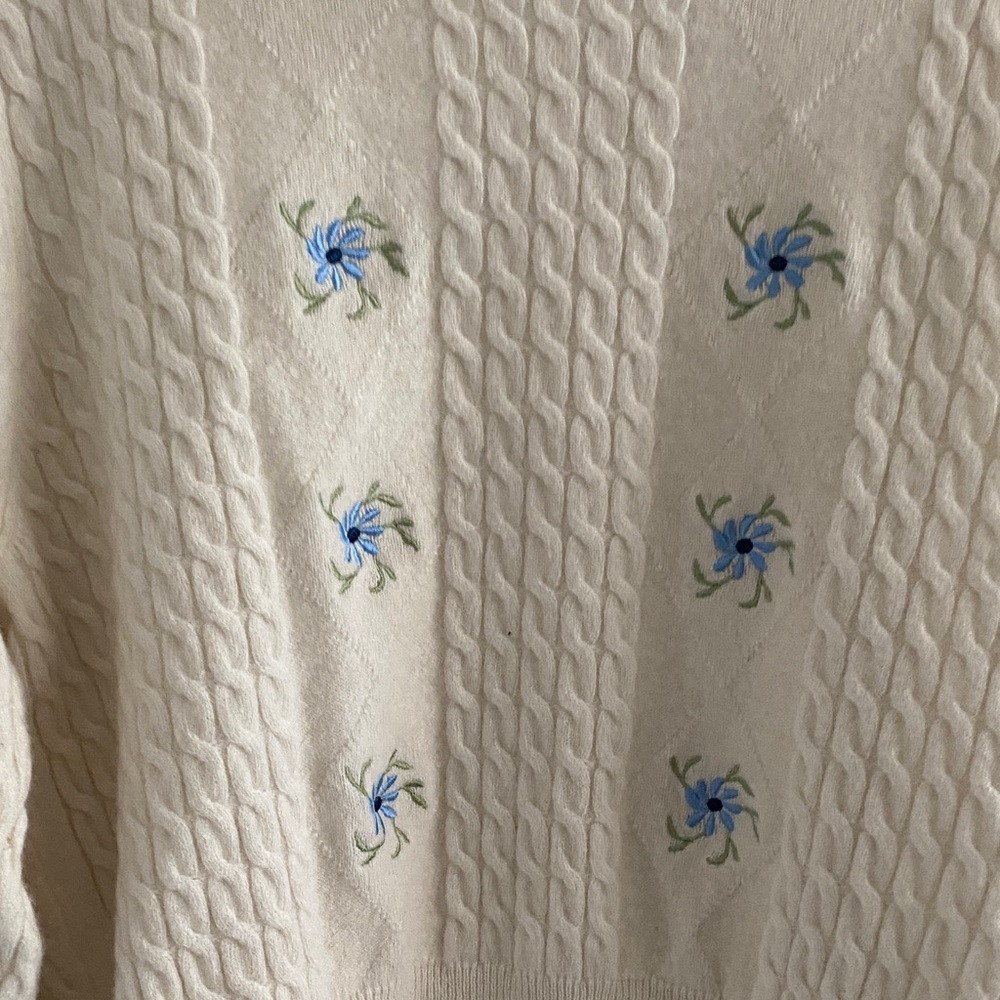 Sandro Cream Cable Knit Sweater with Blue Floral Accents - Picture 3 of 4
